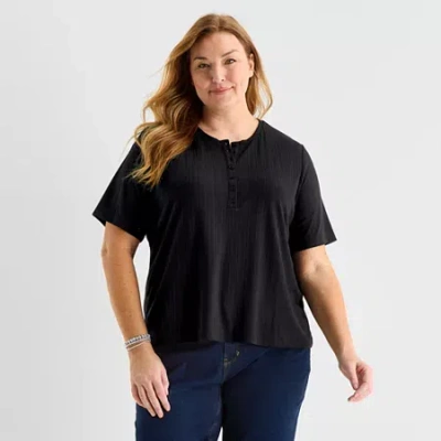 Liz Claiborne Womens Plus Short Sleeve Regular Fit Henley Shirt In Black