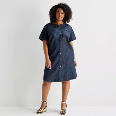 Liz Claiborne Womens Plus Short Sleeve Shirt Dress In Blue