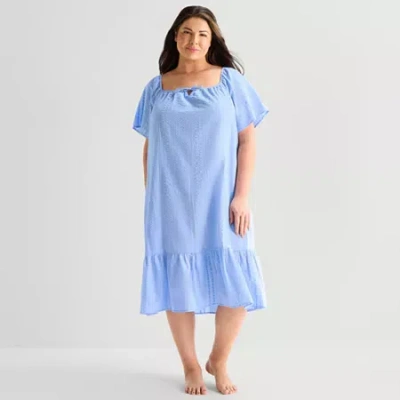 Liz Claiborne Womens Plus Short Sleeve Square Neck Nightshirt In Blue