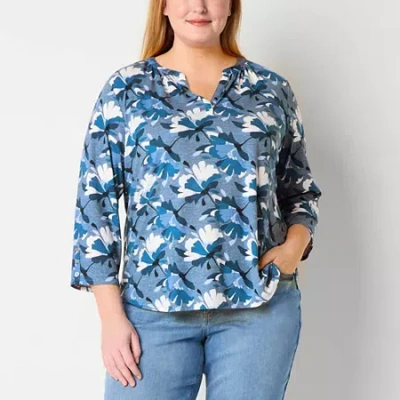 Liz Claiborne Womens Plus Split Crew Neck 3/4 Sleeve Blouse In Blue