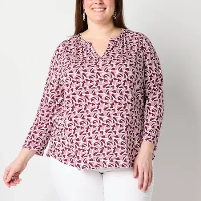 Liz Claiborne Womens Plus Split Crew Neck 3/4 Sleeve Blouse In Pink