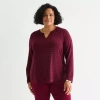 Liz Claiborne Womens Plus Split Crew Neck Long Sleeve Blouse In Burgundy