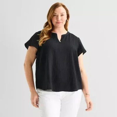 Liz Claiborne Womens Plus Split Crew Neck Short Sleeve Blouse In Black