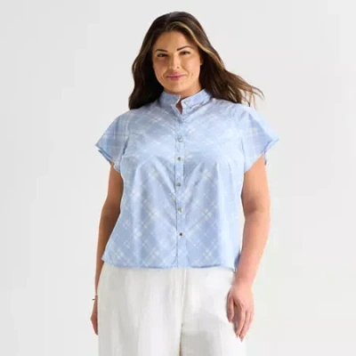 Liz Claiborne Womens Plus Split Crew Neck Short Sleeve Blouse In Blue
