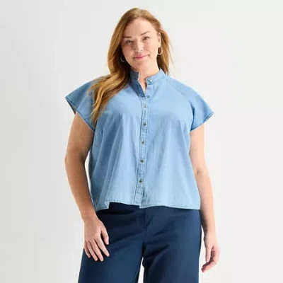 Liz Claiborne Womens Plus Split Crew Neck Short Sleeve Blouse In Blue