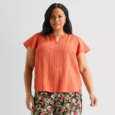 Liz Claiborne Womens Plus Split Crew Neck Short Sleeve Blouse In Red