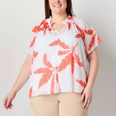 Liz Claiborne Womens Plus Split Crew Neck Short Sleeve Blouse In White