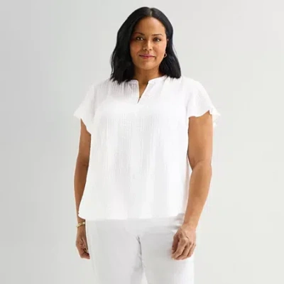 Liz Claiborne Womens Plus Split Crew Neck Short Sleeve Blouse In White