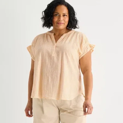 Liz Claiborne Womens Plus Split Crew Neck Short Sleeve Blouse In Brown