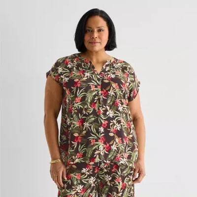 Liz Claiborne Womens Plus Split Crew Neck Short Sleeve Satin Blouse In Multi