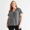 Liz Claiborne Womens Plus Split Tie Neck Short Sleeve Blouse In Black
