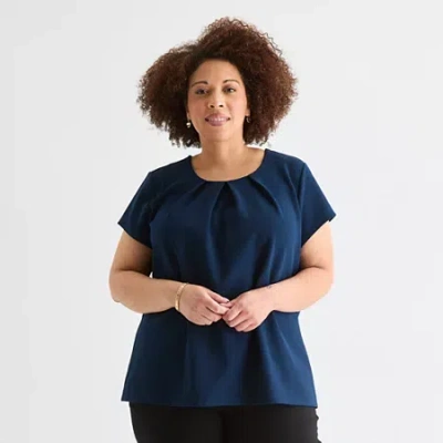 Liz Claiborne Womens Plus U Neck Short Sleeve Blouse In Blue