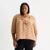 Liz Claiborne Womens Plus V Neck 3/4 Sleeve Blouse In Brown