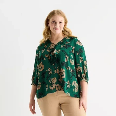 Liz Claiborne Womens Plus V Neck 3/4 Sleeve Blouse In Green