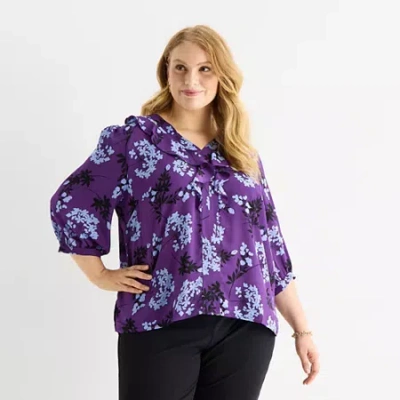 Liz Claiborne Womens Plus V Neck 3/4 Sleeve Blouse In Purple