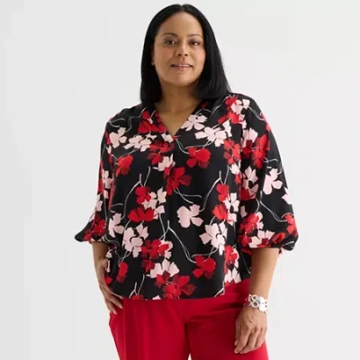 Liz Claiborne Womens Plus V Neck 3/4 Sleeve Satin Blouse In Black