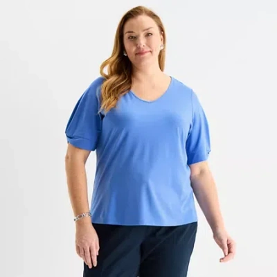 Liz Claiborne Womens Plus V Neck Elbow Sleeve Blouse In Blue