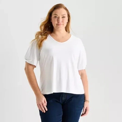 Liz Claiborne Womens Plus V Neck Elbow Sleeve Blouse In White