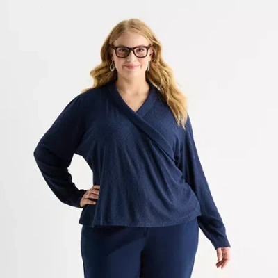 Liz Claiborne Womens Plus V Neck Long Sleeve Blouse In Blue