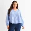 Liz Claiborne Womens Plus V Neck Long Sleeve Blouse In Blue