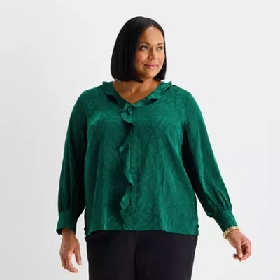 Liz Claiborne Womens Plus V Neck Long Sleeve Blouse In Green