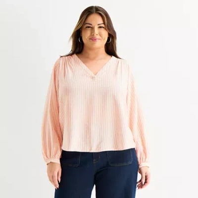 Liz Claiborne Womens Plus V Neck Long Sleeve Blouse In Pink
