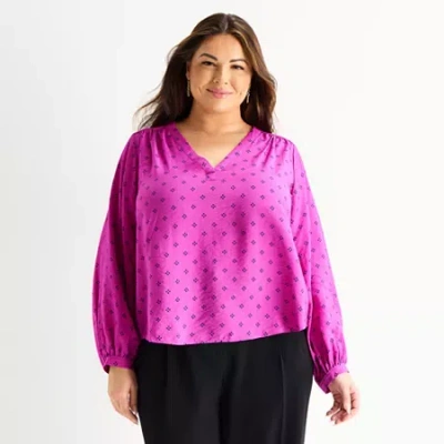 Liz Claiborne Womens Plus V Neck Long Sleeve Blouse In Purple