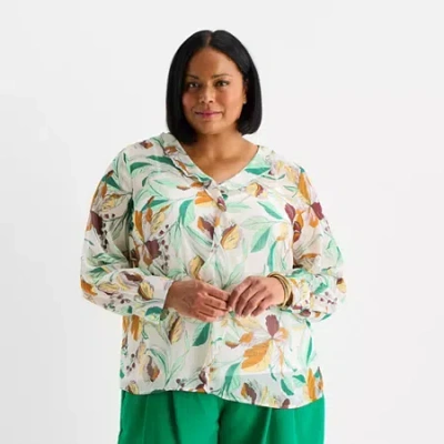 Liz Claiborne Womens Plus V Neck Long Sleeve Blouse In Sand