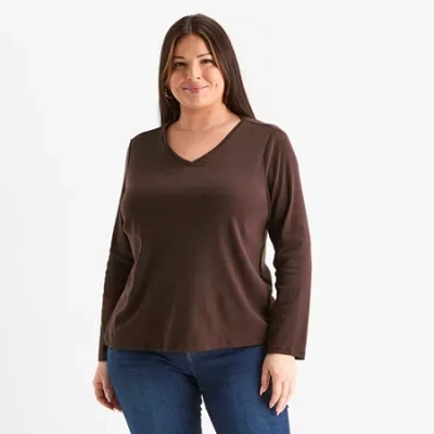 Liz Claiborne Womens Plus V Neck Long Sleeve T-shirt In Brown