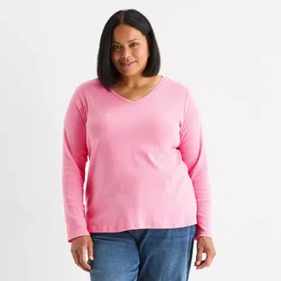 Liz Claiborne Womens Plus V Neck Long Sleeve T-shirt In Pink