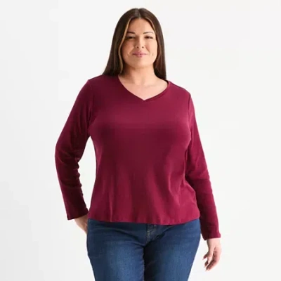 Liz Claiborne Womens Plus V Neck Long Sleeve T-shirt In Red