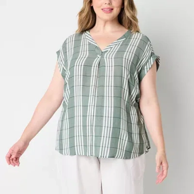Liz Claiborne Womens Plus V Neck Short Sleeve Blouse In Green