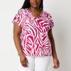 Liz Claiborne Womens Plus V Neck Short Sleeve Blouse In Red