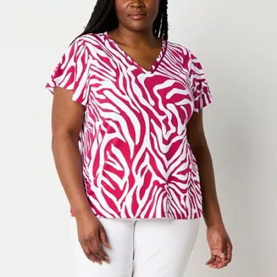 Liz Claiborne Womens Plus V Neck Short Sleeve Blouse In Red
