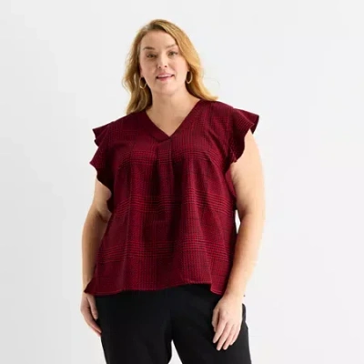 Liz Claiborne Womens Plus V Neck Short Sleeve Blouse In Red