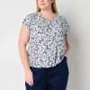 Liz Claiborne Womens Plus V Neck Short Sleeve Blouse In White