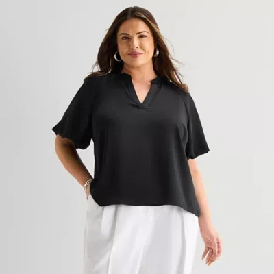 Liz Claiborne Womens Plus V Neck Short Sleeve Satin Blouse In Black