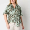 Liz Claiborne Womens Plus V Neck Short Sleeve Satin Blouse In Green