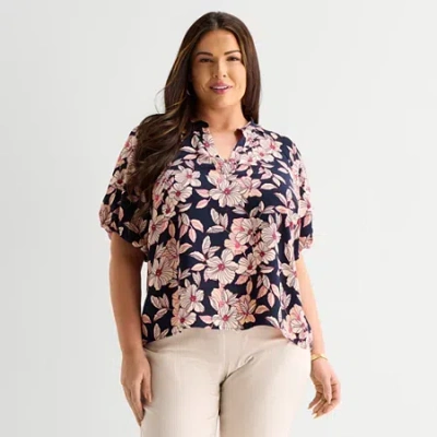 Liz Claiborne Womens Plus V Neck Short Sleeve Satin Blouse In Multi