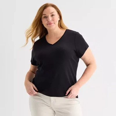Liz Claiborne Womens Plus V Neck Short Sleeve T-shirt In Black