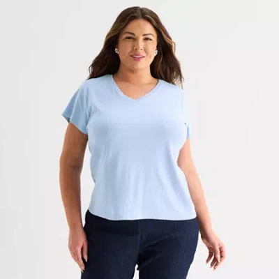 Liz Claiborne Womens Plus V Neck Short Sleeve T-shirt In Blue