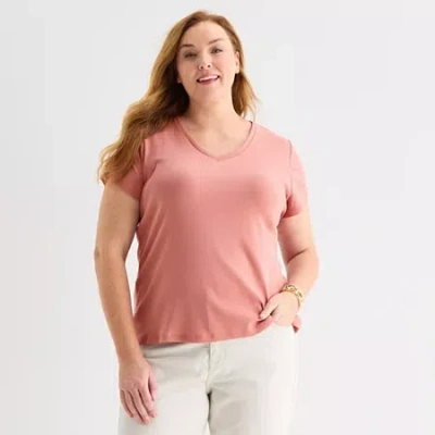 Liz Claiborne Womens Plus V Neck Short Sleeve T-shirt In Pink