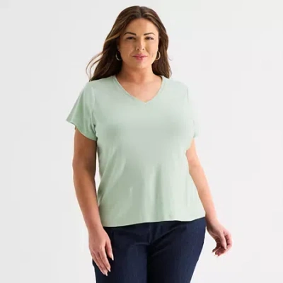 Liz Claiborne Womens Plus V Neck Short Sleeve T-shirt In Green