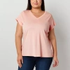 Liz Claiborne Womens Plus V Neck Short Sleeve T-shirt In Pink