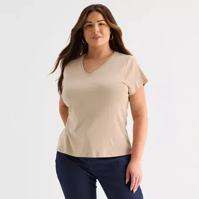 Liz Claiborne Womens Plus V Neck Short Sleeve T-shirt In Brown