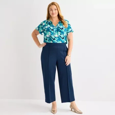 Liz Claiborne Womens Plus Wide Leg Mid Rise Pull-on Pant In Blue