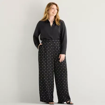 Liz Claiborne Womens Plus Wide Leg Mid Rise Pull-on Pant In Black