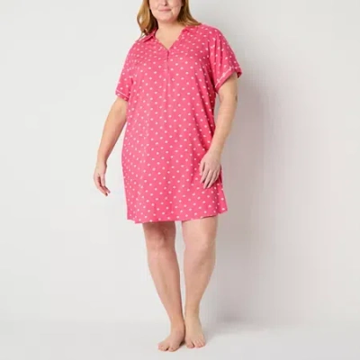 Liz Claiborne Womens Poplin Short Sleeve Plus Nightshirt In Pink