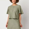 Liz Claiborne Womens Round Neck Elbow Sleeve Crop Top In Green