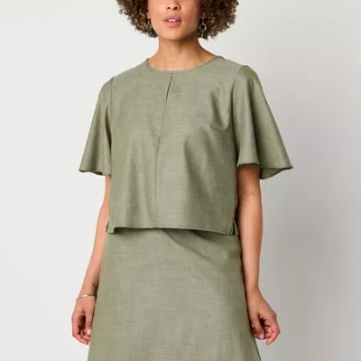 Liz Claiborne Womens Round Neck Elbow Sleeve Crop Top In Green